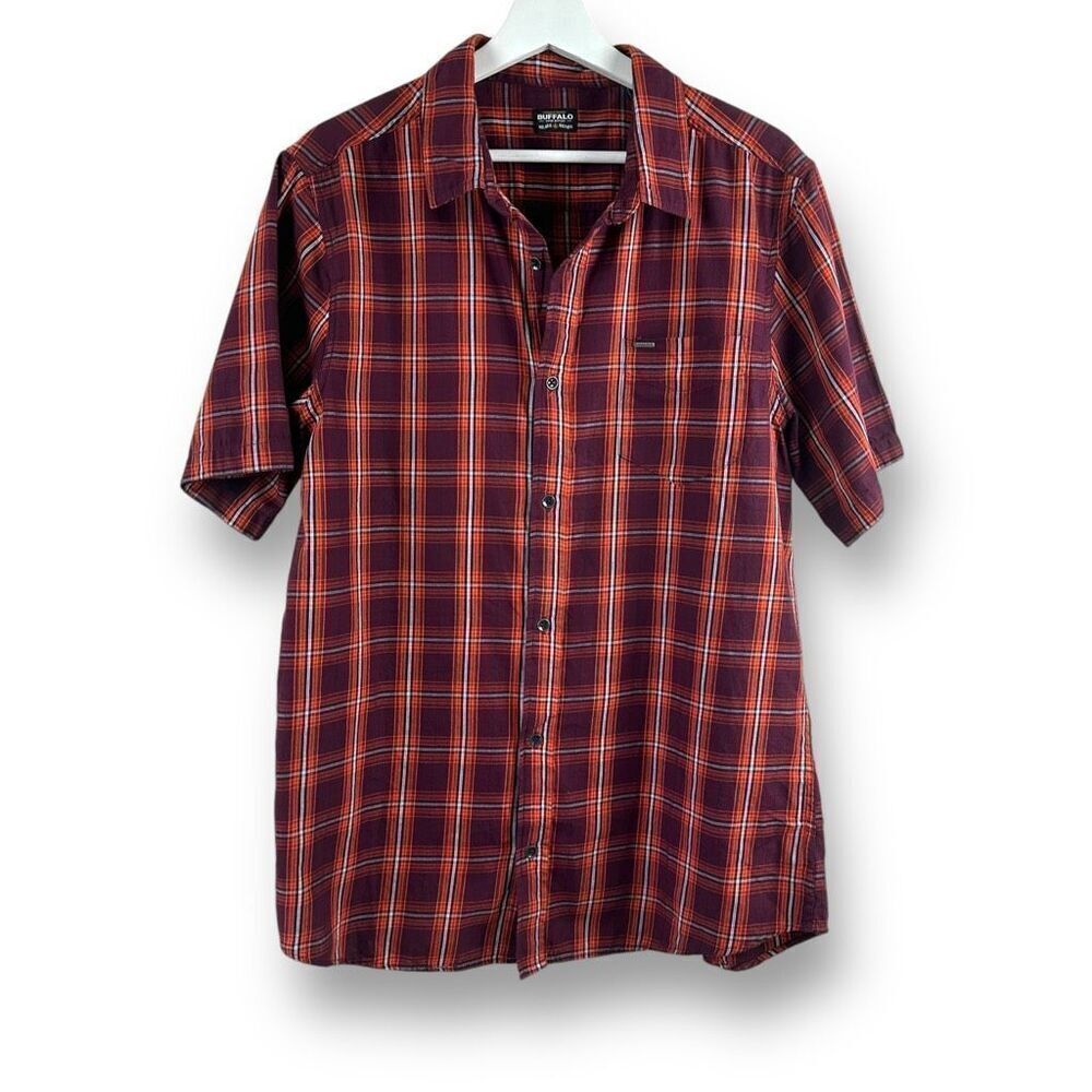 Buffalo David Bitton Men's XL Short Sleeve Plaid Button Up Orange Red Fall Shirt